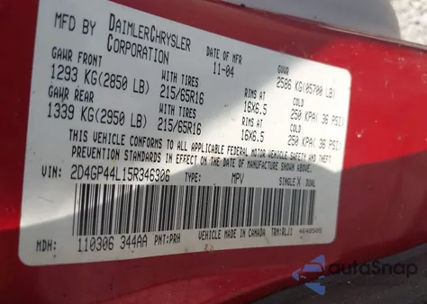 2005 Dodge Grand Caravan Sxt из США, поврежденный, VIN 2D4GP44L15R346306